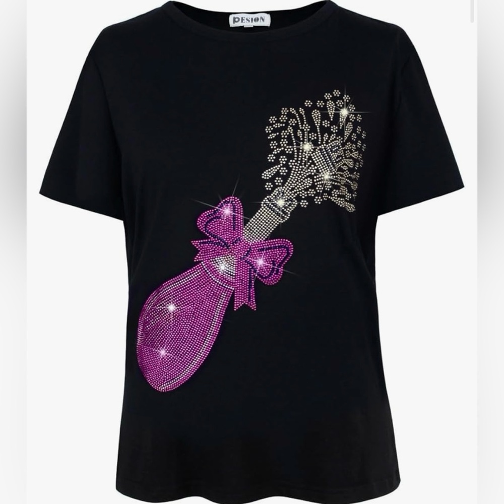 Soft Black T-Shirt with Pink & Silver Champagne Graphic, Plus Size XXL